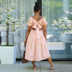Solid High Waist Short Sleeve Midi Dress SFY-2170