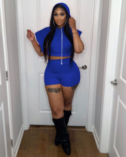 Plus Size Solid Hooded Two Piece Shorts Sets OY-6357