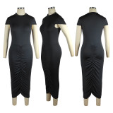 Solid Color Short Sleeve Ruched Maxi Dress TE-4403