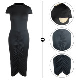 Solid Color Short Sleeve Ruched Maxi Dress TE-4403