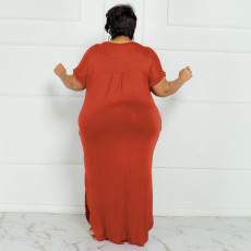 Plus Size Solid Short Sleeve Split Maxi Dress OSIF-22299
