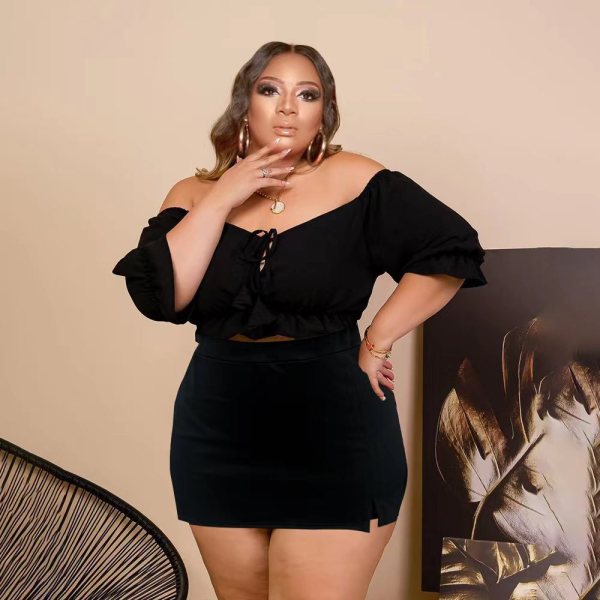 Plus Size Solid Slash Neck Crop Top Mini Skirt Sets PHF-13285