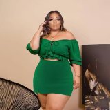 Plus Size Solid Slash Neck Crop Top Mini Skirt Sets PHF-13285