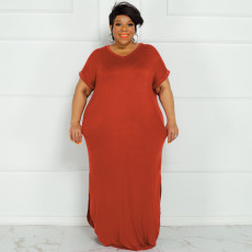 Plus Size Solid Short Sleeve Split Maxi Dress OSIF-22299