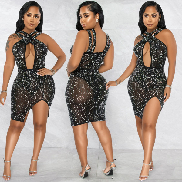 Sexy Hot Drilling Pearls Night Club Dress BY-5735