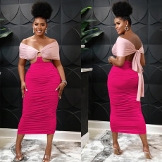 Contrast Color Off Shoulder Ruched Midi Dress BY-5770