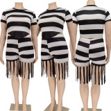 Plus Size Striped Tassel Two Piece Shorts Sets WPF-80658