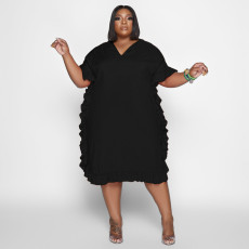 Plus Size Solid Ruffled Short Sleeve Loose Dress NNWF-7506
