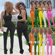 Plus Size Solid Halter Lace-Up Split Jumpsuit HM-6617