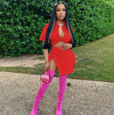 Solid Buttons Crop Top+Split Mini Skirt 2 Piece Sets HMS-5547