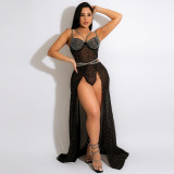 Plus Size Hot Drilling Bodysuit+Maxi Skirt 2 Piece Sets NY-2419