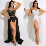 Plus Size Hot Drilling Bodysuit+Maxi Skirt 2 Piece Sets NY-2419