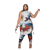 Plus Size Printed Sleeveless Split Two Piece Pants Sets PHF-13278