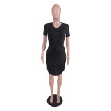 Solid V Neck T Shirt Mini Skirt Two Piece Sets BS-1312