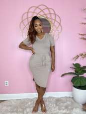 Solid V Neck T Shirt Mini Skirt Two Piece Sets BS-1312