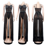 Plus Size Hot Drilling Bodysuit+Maxi Skirt 2 Piece Sets NY-2419