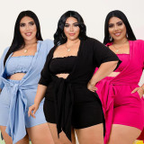 Plus Size Solid Tube Top+Colak Coat+Shorts 3 Piece Sets PHF-13286