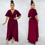 Solid V Neck Short Sleeve Irregular Maxi Dress BY-5805