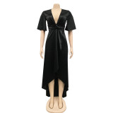 Solid V Neck Short Sleeve Irregular Maxi Dress BY-5805