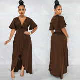 Solid V Neck Short Sleeve Irregular Maxi Dress BY-5805