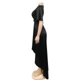 Solid V Neck Short Sleeve Irregular Maxi Dress BY-5805