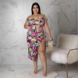 Plus Size Floral Print Crop Top Split Skirt 2 Piece Sets ASL-7081