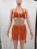 Solid Crochet Bra Top Mini Skirt Hollow 2 Piece Sets TK-6245