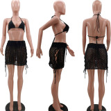 Solid Crochet Bra Top Mini Skirt Hollow 2 Piece Sets TK-6245