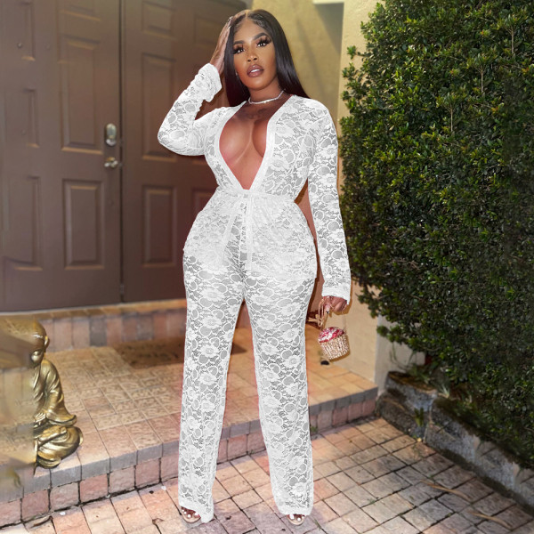 Solid Color Lace Shirt Two Piece Pants Set With Belt YF-K10076