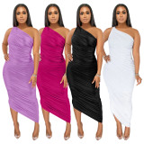Sexy Solid Color Sloping Shoulder Ruched Slim Dress YF-K10139