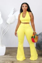 Plus Size Solid Halter Top Flared Pants 2 Piece Sets HM-96338