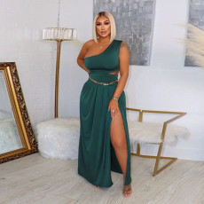 Solid One Shoulder Split Maxi Skirt Two Piece Sets (Without Belt)YF-10165