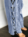 Plus Size Denim Ripped Hole Lace-Up Jeans Pants LX-5522