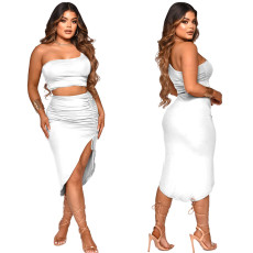 Solid One Shoulder Smocked Skirts Two Piece Sets YF-K10066