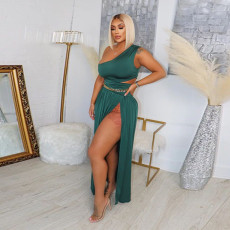 Solid One Shoulder Split Maxi Skirt Two Piece Sets (Without Belt)YF-10165