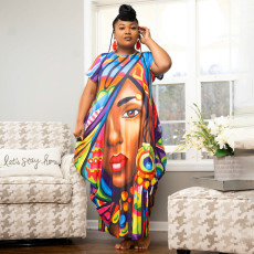 Plus Size Printed Short Sleeve Loose Maxi Dress XMY-9366