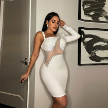Plus Size Hot Drilling Mesh One Shoulder Night Club Dress NY-2443