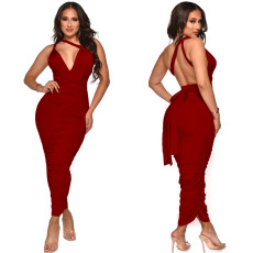 Solid Color Sexy Backless Ruched Maxi Dress YF-10056