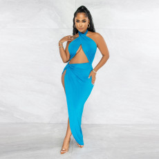 Solid Color Halter Slit Irregular Dress YF-10124