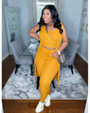 Plus Size Solid Ribbed Tank+Sleeveless Coat+Pants 3 Piece Sets YH-5268