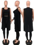 Plus Size Solid Ribbed Tank+Sleeveless Coat+Pants 3 Piece Sets YH-5268
