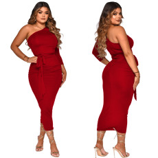 Solid Color Single Sleeve Maxi Dress YF-10055