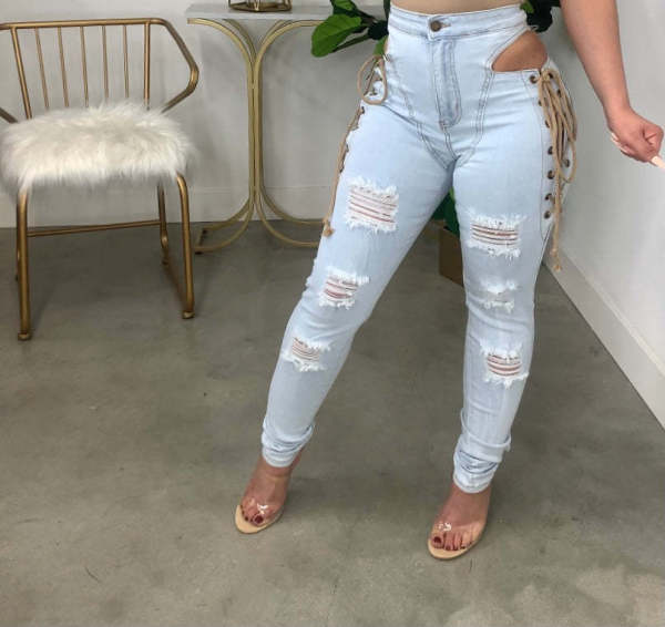 Denim Ripped Hole Hollow Out Jeans LA-3317