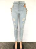 Denim Ripped Hole Hollow Out Jeans LA-3317