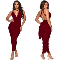 Solid Color Sexy Backless Ruched Maxi Dress YF-10056
