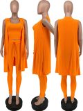 Plus Size Solid Ribbed Tank+Sleeveless Coat+Pants 3 Piece Sets YH-5268