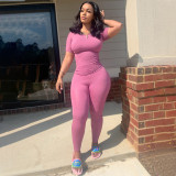 Casual Solid Short Sleeve Pencil Pants Two Piece Sets YF-9884