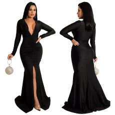 Solid Color Sexy V-Neck Slit Evening Dress YF-10036