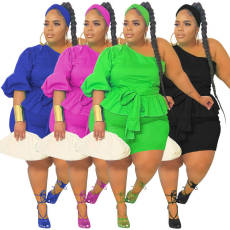 Plus Size Solid One Shoulder Peplum Top And Shorts Sets MOF-8906