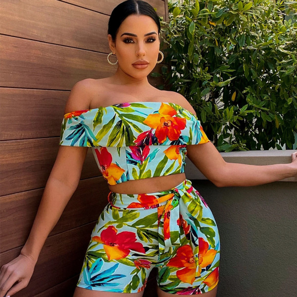 Floral Print Slash Neck Two Piece Shorts Sets OLYF-6099